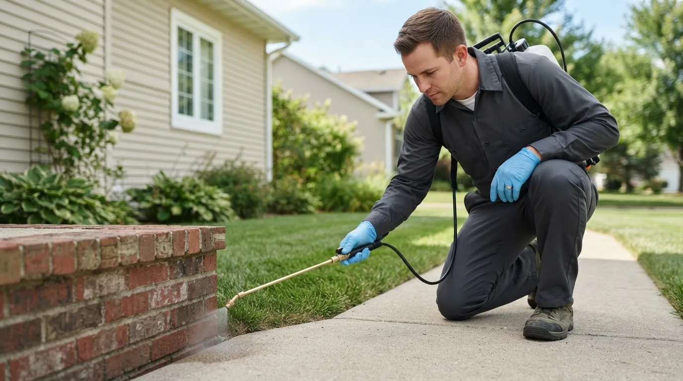 Pest control technician treating a home near Mentor, MN